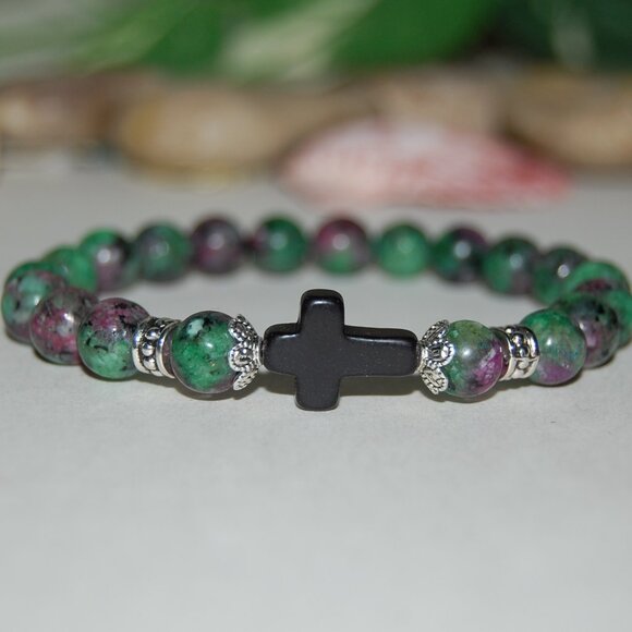 Ruby Zoisite Bracelet,Cross Bracelet,Ruby Cross Bracelet - Picture 2 of 3